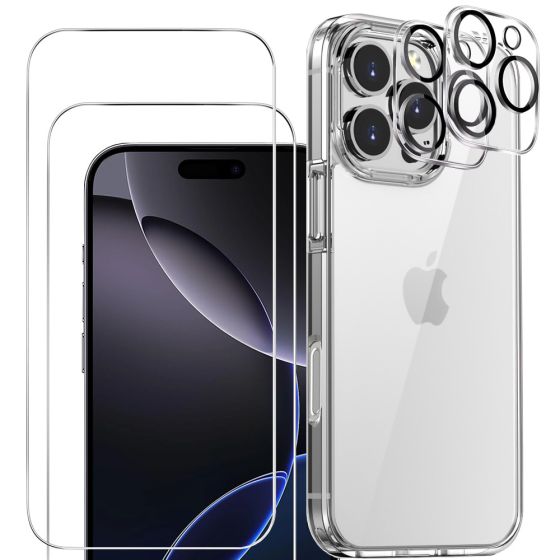 3-in-1 Handyschutz Set für iPhone 16 Pro Hülle Transparent mit Schutzglas und Kameraprotektor