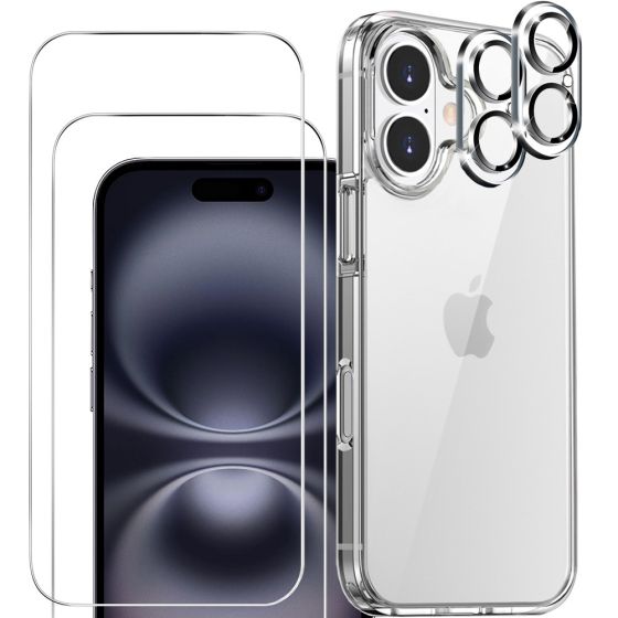 3-in-1 Handyschutz Set für iPhone 16 Hülle Transparent mit Schutzglas und Kameraprotektor